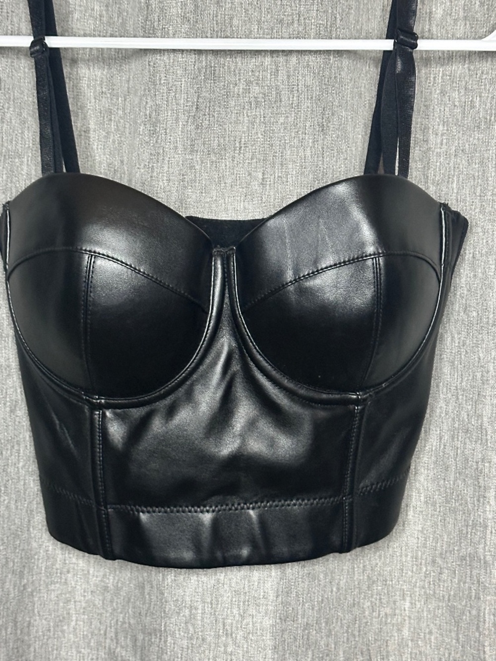 Charmian Black PU Faux Leather Bustier Corset Crop Top Bra - Size Large
